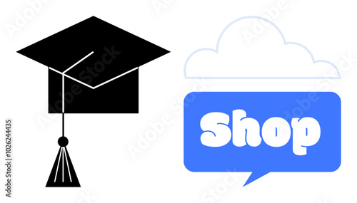 Black graduation cap next to blue speech bubble saying Shop over a white cloud outline. Ideal for educational services online shopping e-learning graduation gift stores and educational advertising