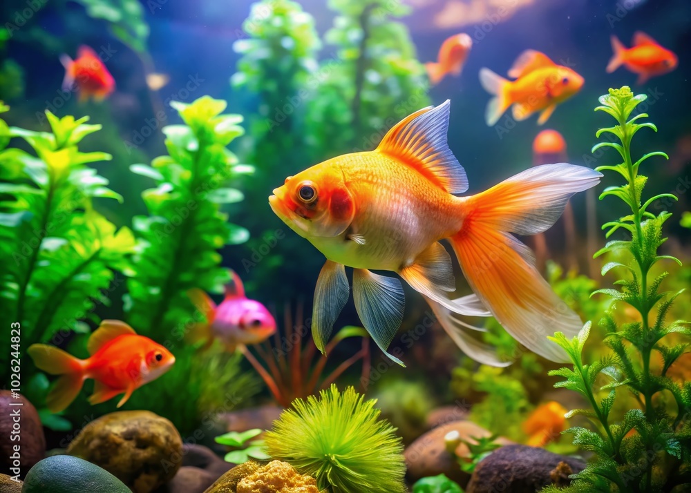 Colorful Pompom Goldfish Swimming Gracefully in a Clear Aquarium with Lush Green Plants for a Vibrant Underwater Scene Colorful Pompom Goldfish Swimming Gracefully in a Clear Aquarium with Lush Green Plants for a Vibrant Underwater Scene