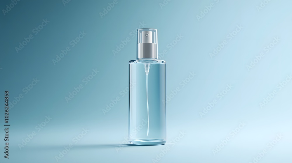 A minimalist transparent glass spray bottle with a cylindrical shape and pump dispenser, set against a light blue background, emphasizing clean lines and soft shadows for a sleek cosmetic presentation A minimalist transparent glass spray bottle with a cylindrical shape and pump dispenser, set against a light blue background, emphasizing clean lines and soft shadows for a sleek cosmetic presentation