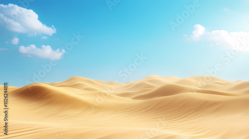 Big 3d realistic background of sand dunes. Desert landscape with blue sky