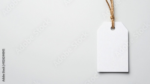 Minimalistic White Fabric Tag Hanging on Plain White Background with Soft Shadows, Perfect for Text Insertion