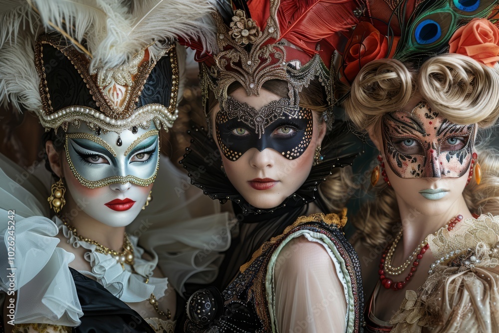 Three women in elaborate Venetian masks and costumes. Three women in elaborate Venetian masks and costumes.