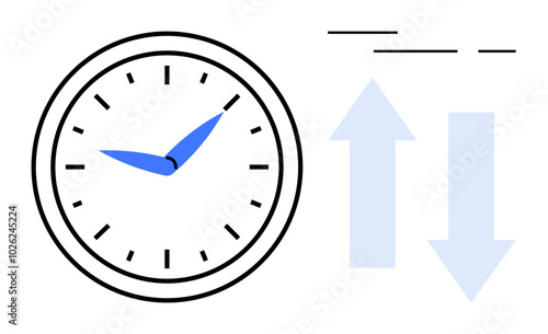 A black and white clock with blue hands next to blue up and down arrows. Ideal for time management, scheduling, productivity, efficiency, and workflow. Modern flat design style