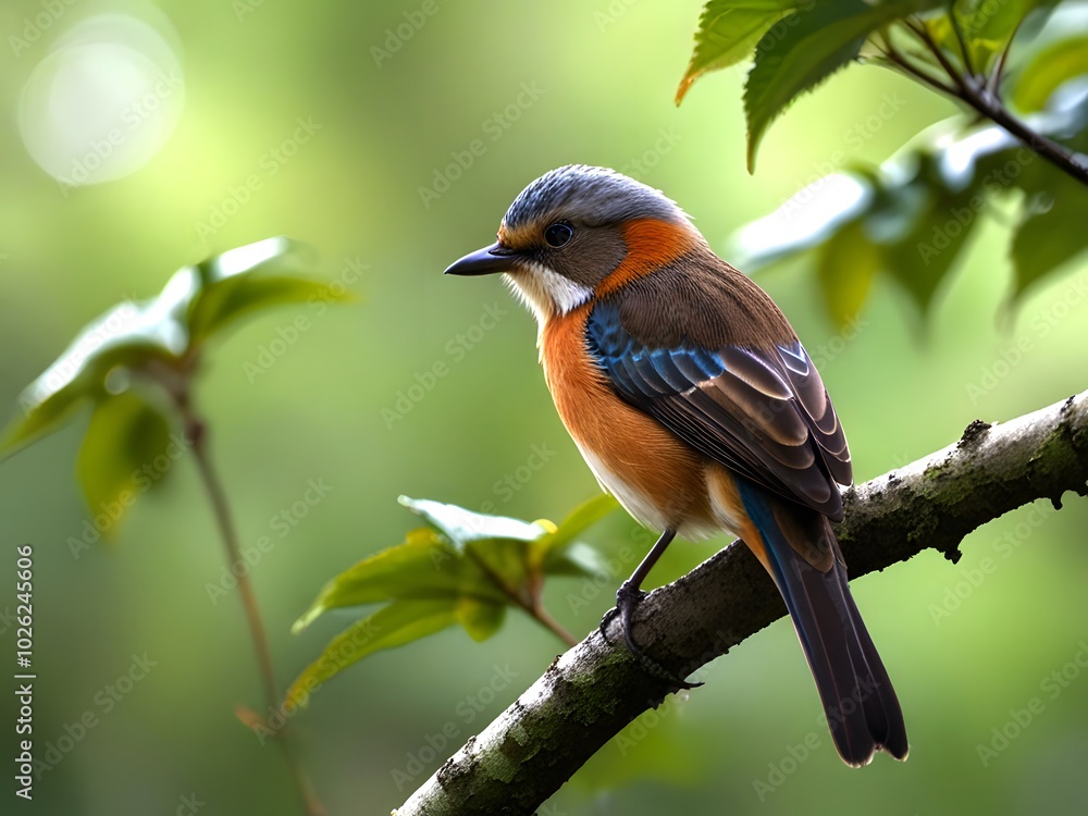 A colorful bird sits on a branch in the forest. A colorful bird sits on a branch in the forest.