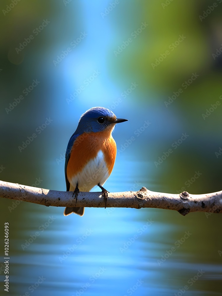 A colorful bird sits on a branch in the forest. A colorful bird sits on a branch in the forest.