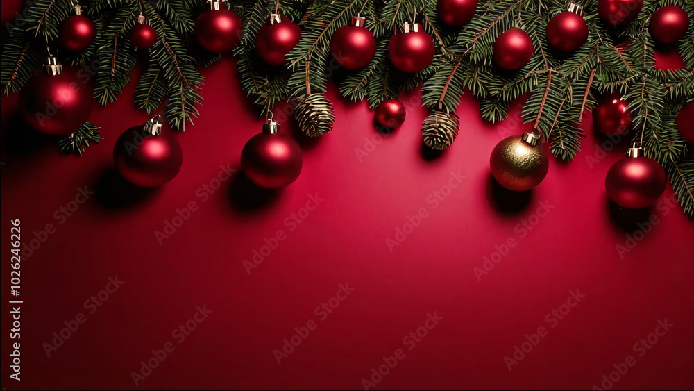 Christmas background with balls. Christmas background with pine branches. Festive Christmas background with ornaments and pine branches for holiday text. Christmas or New Year red background
Christmas background with balls. Christmas background with pine branches. Festive Christmas background with ornaments and pine branches for holiday text. Christmas or New Year red background