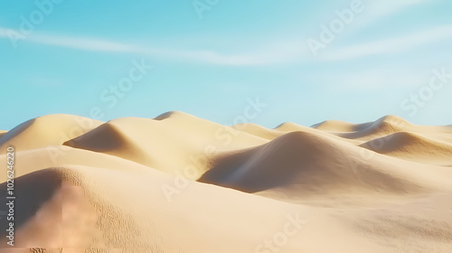 Big 3d realistic background of sand dunes. Desert landscape with blue sky photo