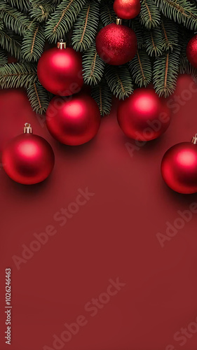 Christmas background with balls. Christmas background with pine branches. Festive Christmas background with ornaments and pine branches for holiday text. Christmas or New Year red background 