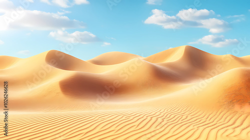 Big 3d realistic background of sand dunes. Desert landscape with blue sky