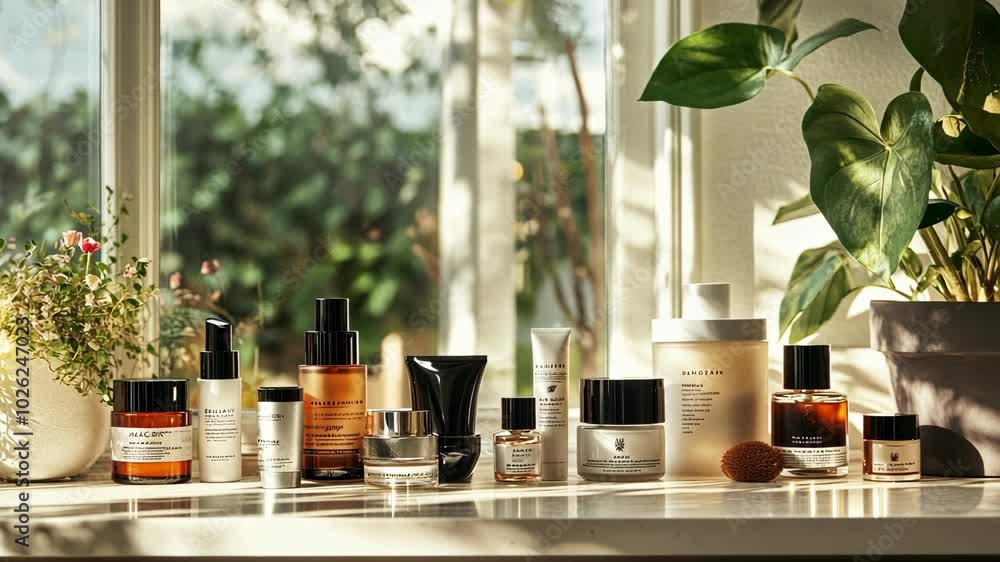 A variety of skincare products are displayed on a windowsill, bathed in the warm light of the sun streaming through the window A variety of skincare products are displayed on a windowsill, bathed in the warm light of the sun streaming through the window