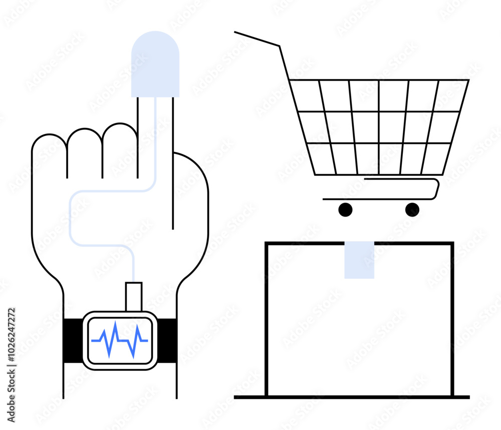 Fototapeta premium Shopping concept. Smart hand with smartwatch and shopping cart above a delivery box. Ideal for digital health, e-commerce, online shopping, smart technology, and modern retail industries. Minimalist
