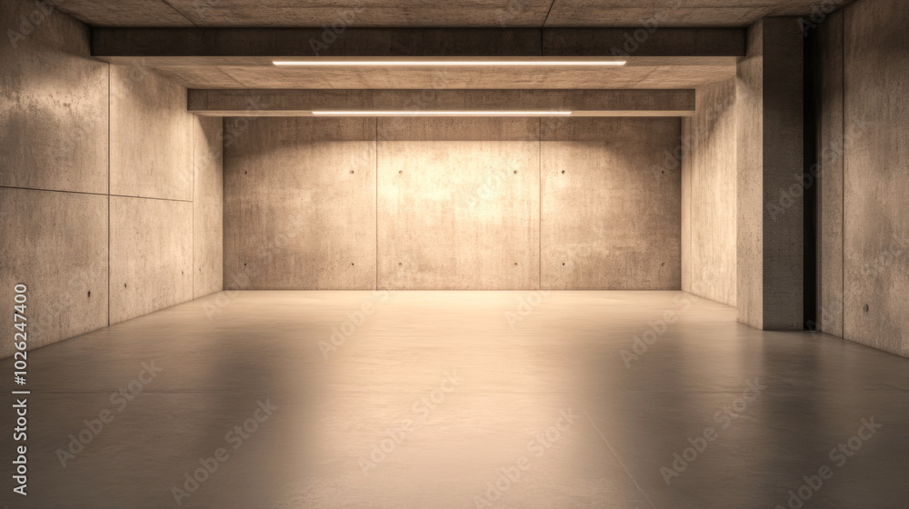Fototapeta premium Modern concrete interior space with minimalist design and soft lighting for creative projects