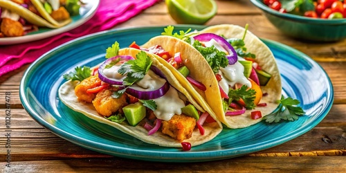 Delicious Fish Tacos on a Colorful Plate Perfect for Food Photography and Culinary Inspiration for Tasty Dishes and