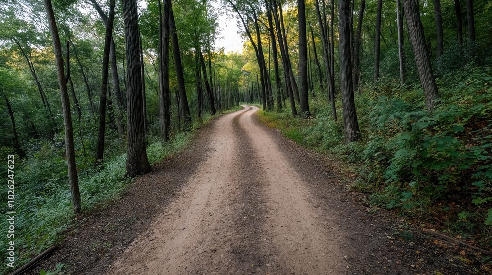 Fototapeta premium Winding dirt path through a forest with tall trees and lush green foliage creating a serene natural landscape.