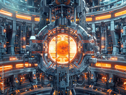 A futuristic-looking energy generation reactor with a glowing red and orange centre. 