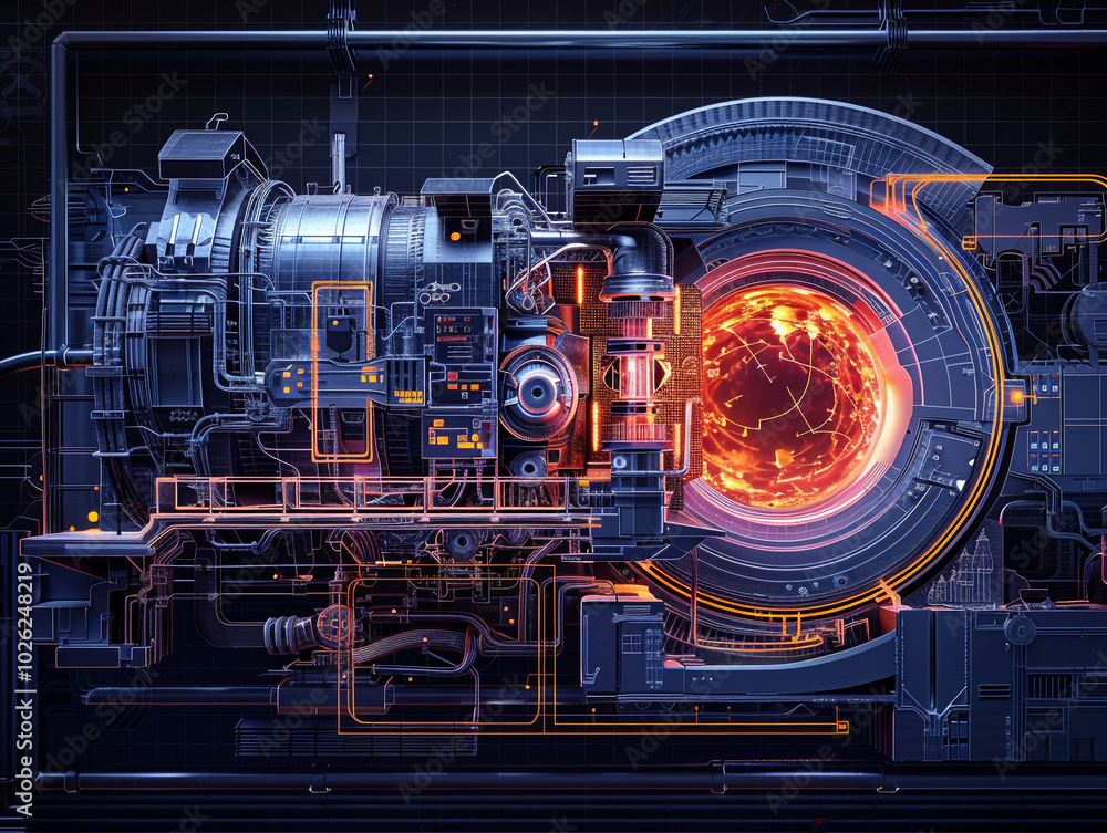 A futuristic-looking energy generation reactor with a glowing red and orange centre. A futuristic-looking energy generation reactor with a glowing red and orange centre.