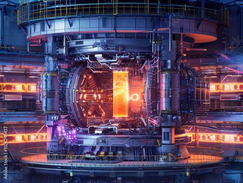 A futuristic-looking energy generation reactor with a glowing red and orange centre. 