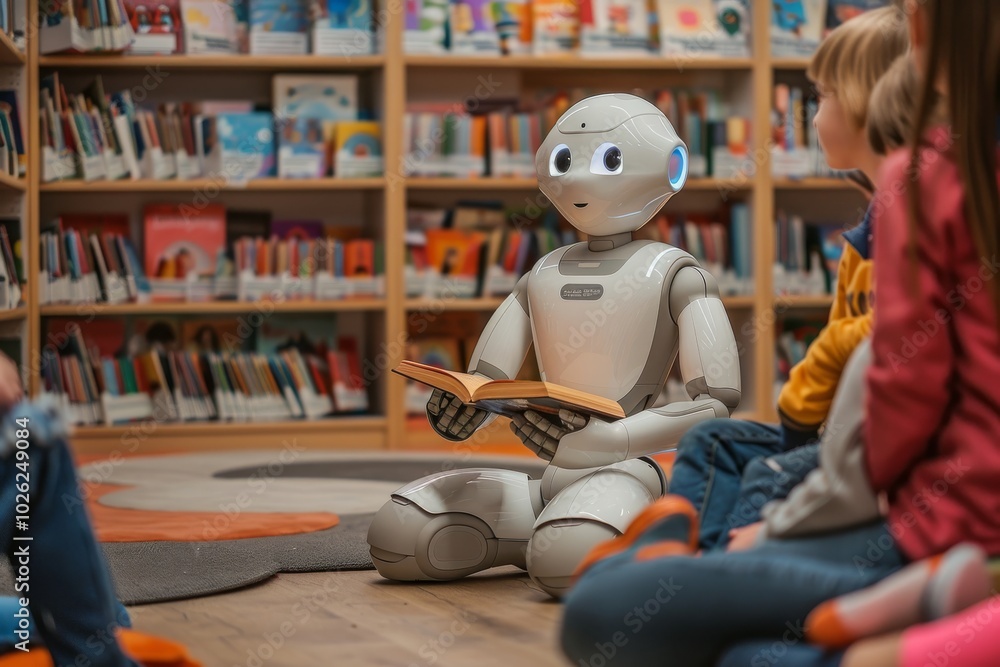 Robot reading a book to children in a library. AI education and technology in learning concept Robot reading a book to children in a library. AI education and technology in learning concept
