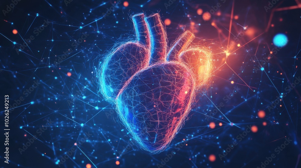 Digital heart illustration with glowing lines and nodes, representing advanced technology and health diagnostics. This symbolizes innovation in medical technology and heart health Digital heart illustration with glowing lines and nodes, representing advanced technology and health diagnostics. This symbolizes innovation in medical technology and heart health