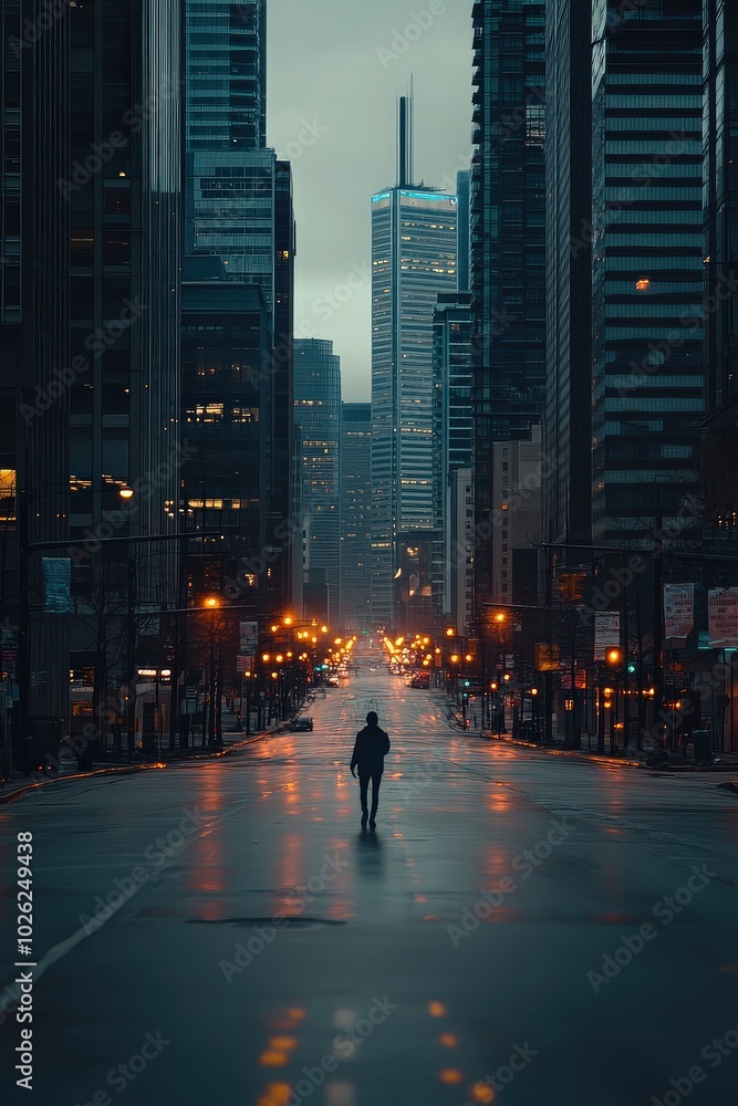 Fototapeta premium Lone person walking in empty city street at dawn