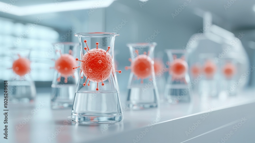 Laboratory glassware with virus models symbolizes scientific research and innovation in healthcare. This captures essence of modern medical advancements and fight against diseases Laboratory glassware with virus models symbolizes scientific research and innovation in healthcare. This captures essence of modern medical advancements and fight against diseases