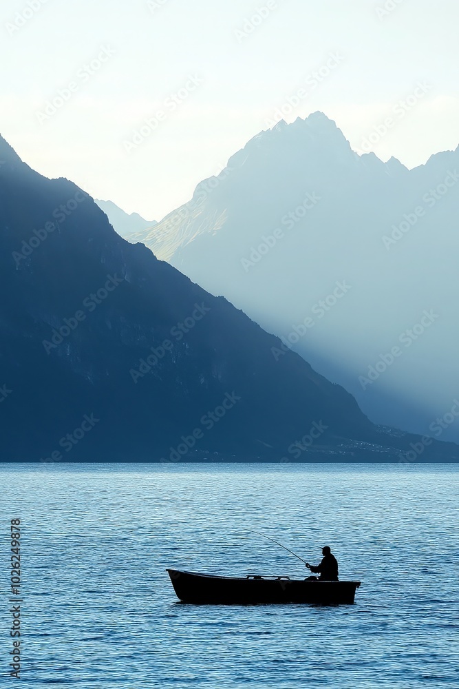 Silhouette of fisherman in boat on calm lake Silhouette of fisherman in boat on calm lake
