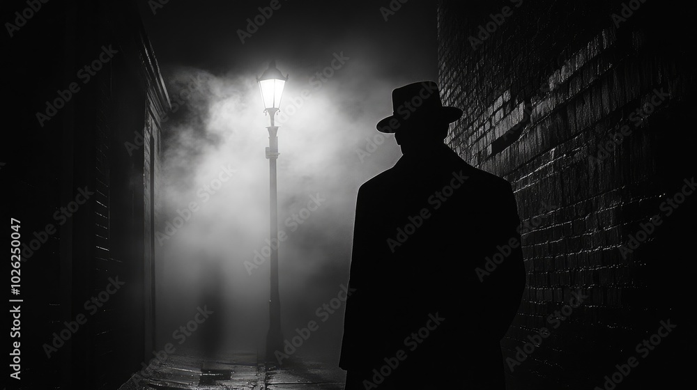 A man in a hat stands silhouetted in a foggy alley, under the glow of a streetlamp, evoking a sense of mystery and suspense A man in a hat stands silhouetted in a foggy alley, under the glow of a streetlamp, evoking a sense of mystery and suspense