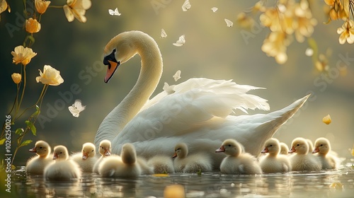 A majestic swan with soft white feathers surrounded by fluffy ducklings, portraying uniqueness in a beautiful, serene scene. photo