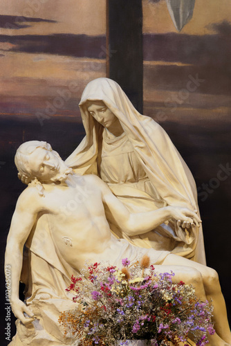 2024-08-01, Paris, FRANCE. Statue of The Pietà. Blessed Virgin Mary holding Jesus Christ body after his Deposition from the Cross. .