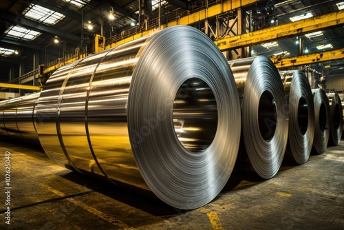 Wallpaper Mural A factory scene showcasing large rolls of shiny metal, indicative of industrial manufacturing processes. Torontodigital.ca