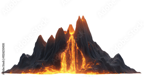 Fiery eruption bursts from a mountain and light isolated on transparent background, cutout, png photo