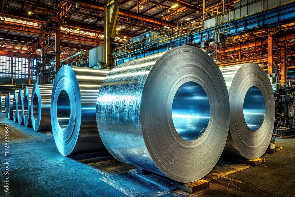 A warehouse filled with large rolls of shiny metal, showcasing industrial production and storage. A warehouse filled with large rolls of shiny metal, showcasing industrial production and storage.