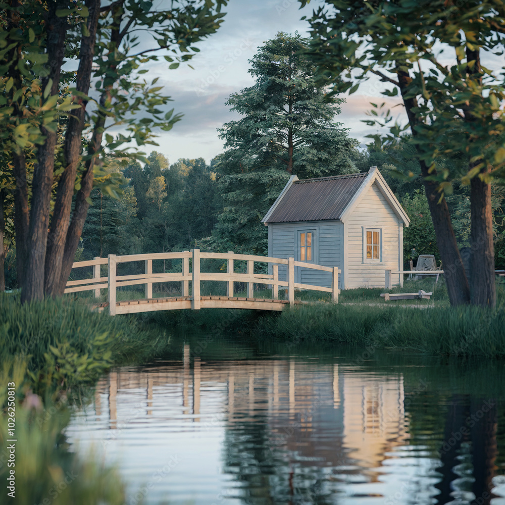 Fototapeta premium Small white house is sitting on a bridge over a river