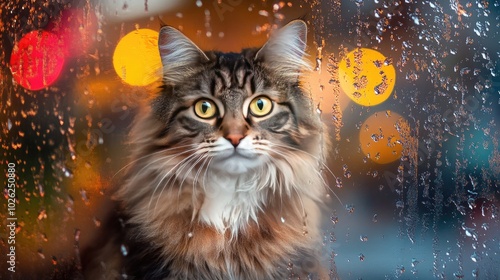 Cat Behind Glass with Rain and Colorful Bokeh