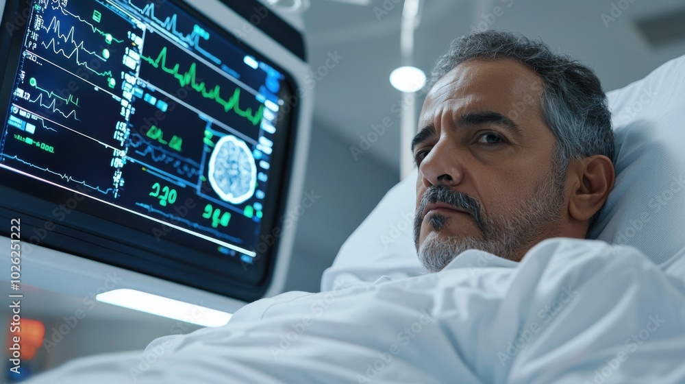 patient in hospital bed looks intently at monitor displaying vital signs and medical data. atmosphere conveys sense of urgency and concern for health patient in hospital bed looks intently at monitor displaying vital signs and medical data. atmosphere conveys sense of urgency and concern for health