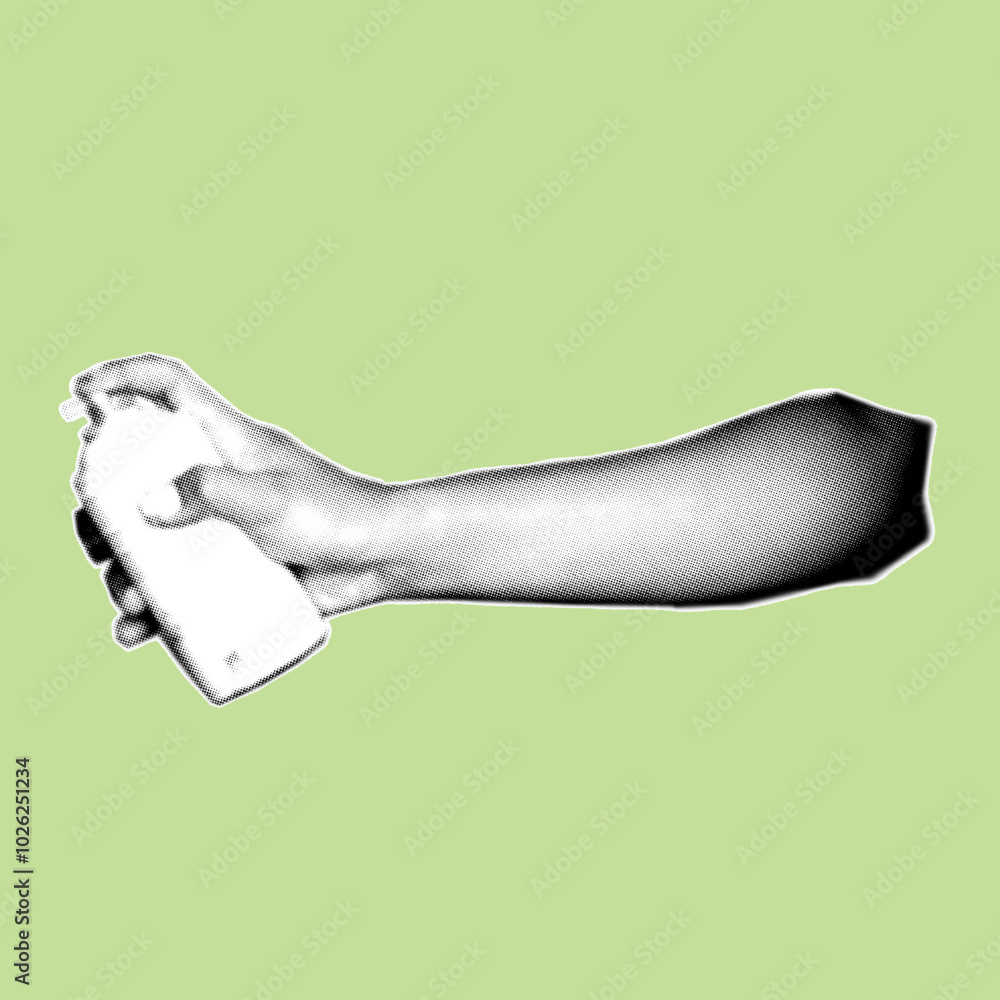 close up of hand holding spray paint can pixelate color halftone dotted texture style collage element isolated on green background close up of hand holding spray paint can pixelate color halftone dotted texture style collage element isolated on green background