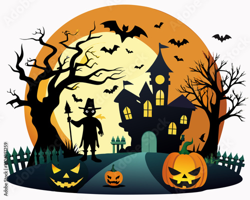 vector Halloween background with pumpkin and bats silhouette 