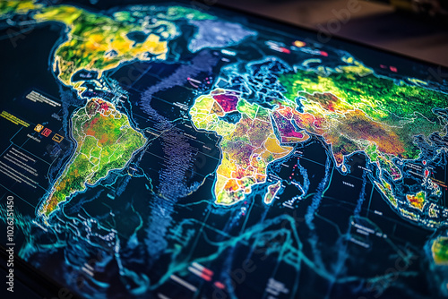 World map visualizing global GDP growth, with vibrant colors for high-growth regions and softer tones for slower growth. Displayed at an international financial conference with economists discussing  photo