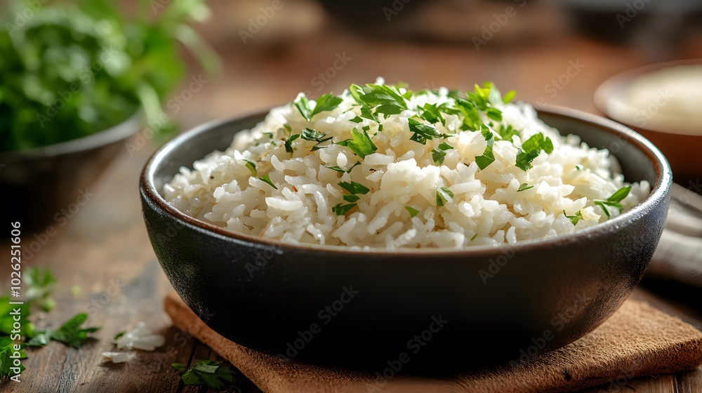 A steaming pot of white rice garnished with herbs, showcasing traditional Japanese cuisine, surrounded by soft natural lighting and a shallow depth of field for a warm, inviting atmosphere. A steaming pot of white rice garnished with herbs, showcasing traditional Japanese cuisine, surrounded by soft natural lighting and a shallow depth of field for a warm, inviting atmosphere.
