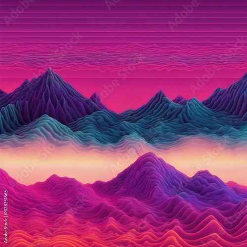 a colorful abstract landscape with mountains and clouds