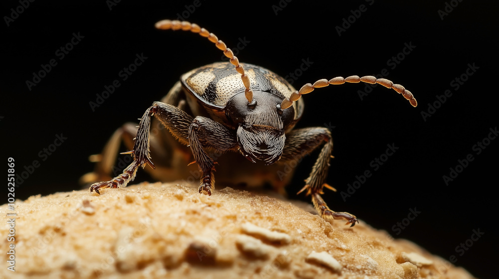Close-up of a beetle with distinct antennae and patterned exoskeleton on a textured surface against a dark background.