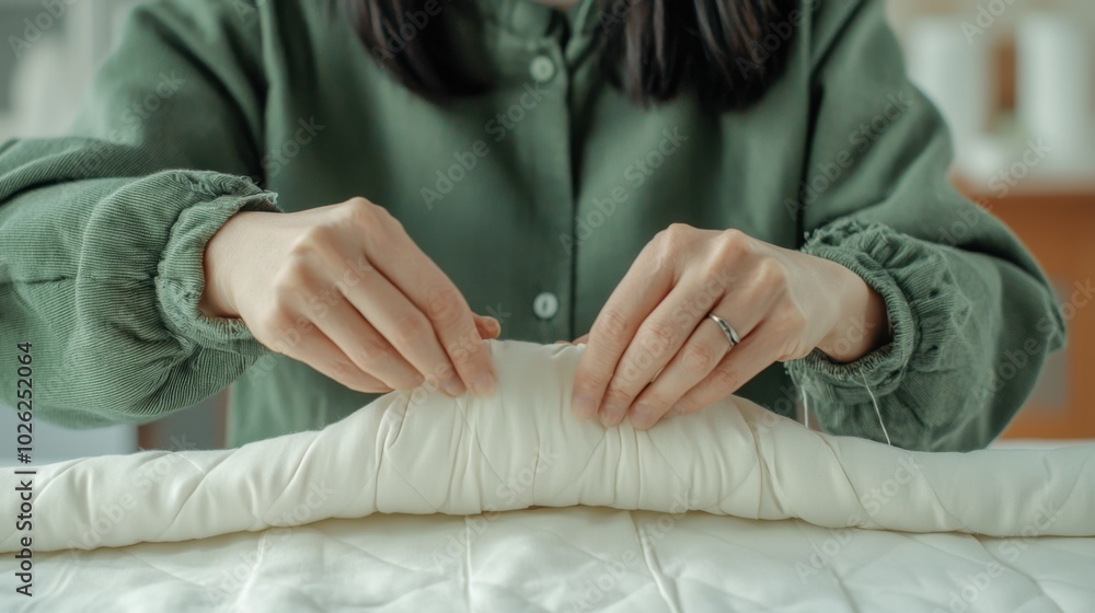 Creating handmade garments requires attention to detail and craftsmanship. small business owner skillfully works on fabric, showcasing dedication and creativity in their craft Creating handmade garments requires attention to detail and craftsmanship. small business owner skillfully works on fabric, showcasing dedication and creativity in their craft