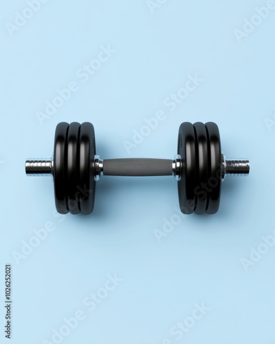  Adjustable Dumbbell with Black Weight Plates on Light Blue Background, Single adjustable dumbbell with black weight plates placed on a clean, light blue surface. Minimalist fitness and strength