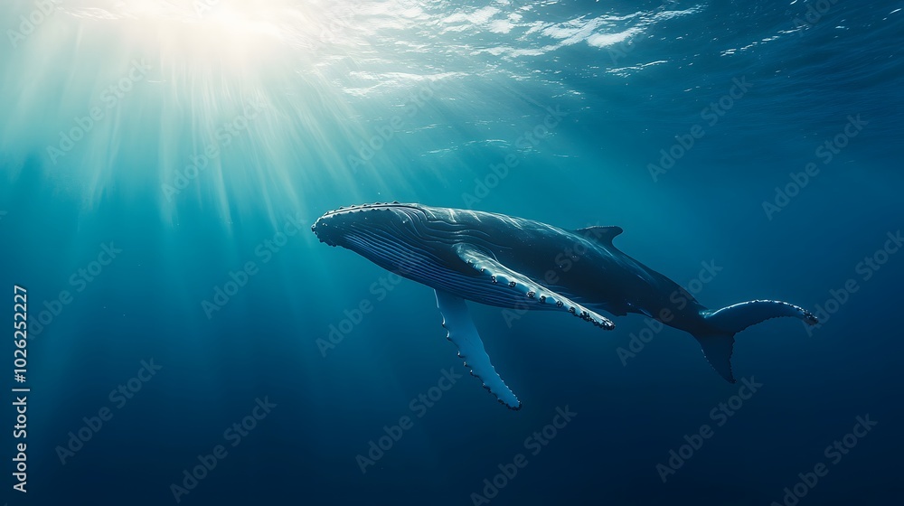 A vibrant azure ocean with sunbeams illuminating a majestic humpback whale swimming gracefully, captured in underwater photography that showcases serene marine beauty deep blue hues. A vibrant azure ocean with sunbeams illuminating a majestic humpback whale swimming gracefully, captured in underwater photography that showcases serene marine beauty deep blue hues.