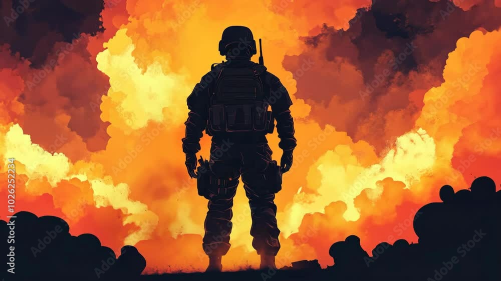 A soldier stands in silhouette against a backdrop of orange and yellow smoke A soldier stands in silhouette against a backdrop of orange and yellow smoke
