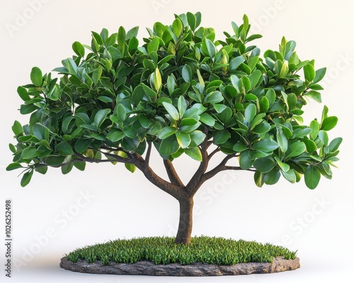 A ficus tree with dense green foliage and a thin trunk, isolated on white background  photo