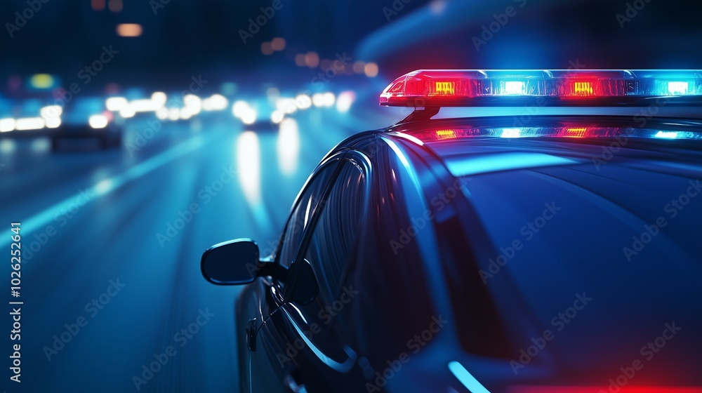 Auto della polizia in un inseguimento notturno su un’autostrada cittadina, con riflessi di luci al neon che accentuano la tensione e la velocità. Auto della polizia in un inseguimento notturno su un’autostrada cittadina, con riflessi di luci al neon che accentuano la tensione e la velocità.