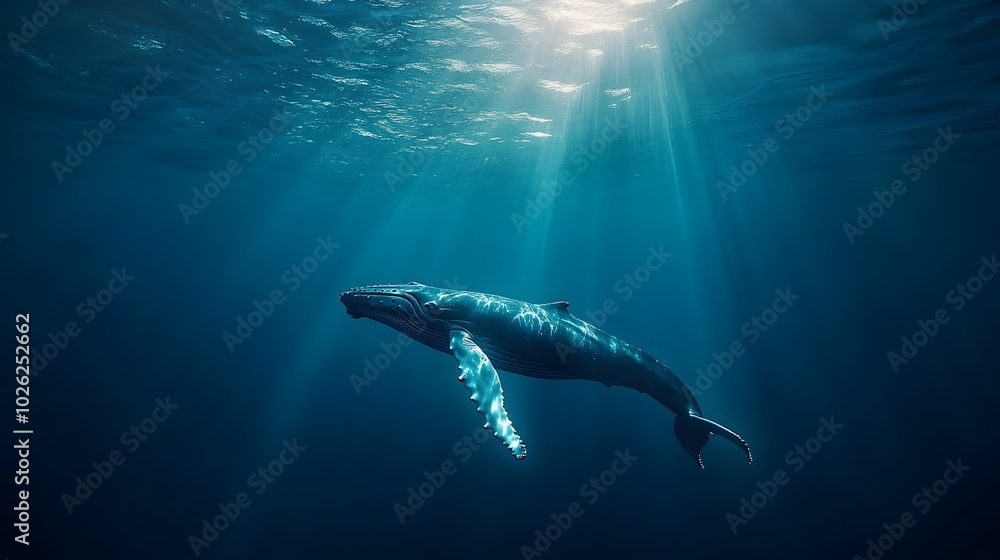 A vibrant azure ocean with sunbeams illuminating a majestic humpback whale swimming gracefully, captured in underwater photography that showcases serene marine beauty deep blue hues. A vibrant azure ocean with sunbeams illuminating a majestic humpback whale swimming gracefully, captured in underwater photography that showcases serene marine beauty deep blue hues.