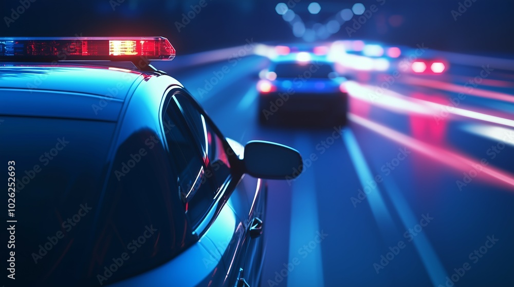 Auto della polizia in un inseguimento notturno su un’autostrada cittadina, con riflessi di luci al neon che accentuano la tensione e la velocità. Auto della polizia in un inseguimento notturno su un’autostrada cittadina, con riflessi di luci al neon che accentuano la tensione e la velocità.