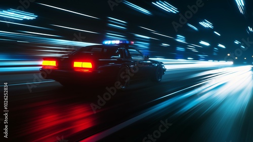 Auto della polizia in un inseguimento notturno su un’autostrada cittadina, con riflessi di luci al neon che accentuano la tensione e la velocità. photo